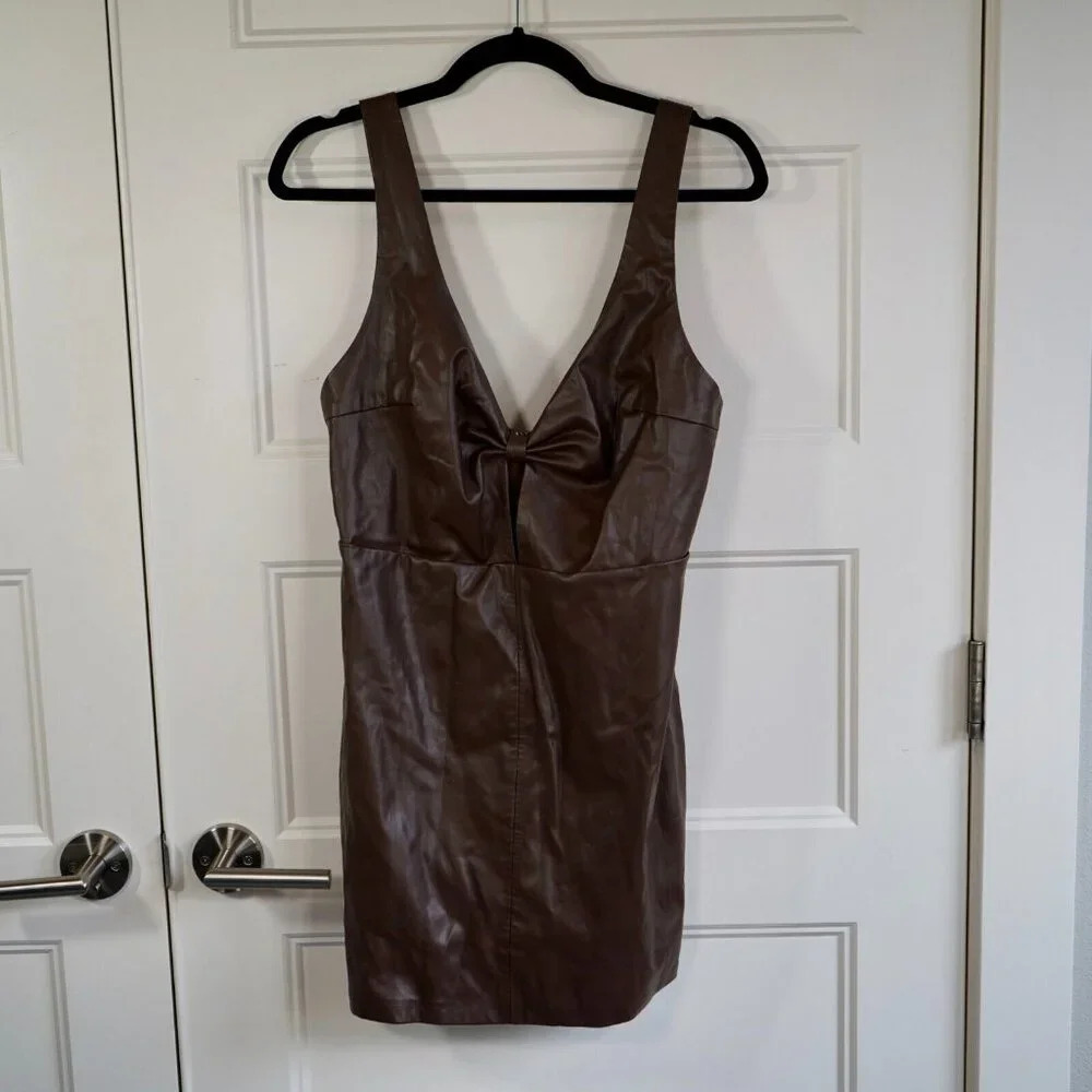 White Fox On Faux Leather Mini Dress Chocolate Brown‎ Size Large